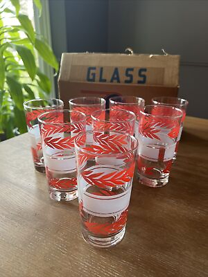 #ad Vintage Set of 8 Libbey Safedge Drinking Water Glasses Frosted Red Leaves w Box