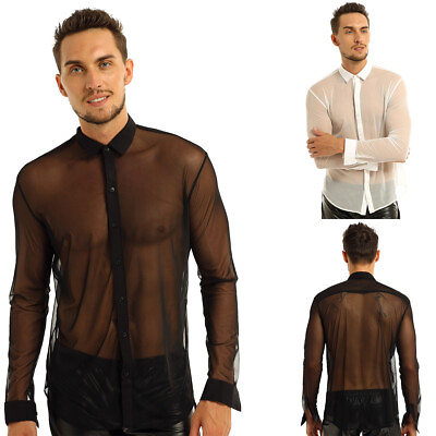 #ad Men#x27;s Sexy See Through Mesh Muscle Top Clubwear Fashionable Long Sleeve Shirts