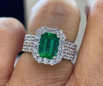 #ad 3Ct Lab Created Emerald Cut Emerald Halo Engagement Ring 14K White Gold Plated