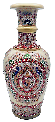 #ad Vintage India Marble Vase Handcrafted Decorative Elephant Rhinestones 14.5quot; Tall