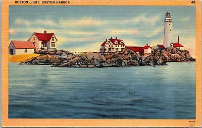 #ad Vintage Postcard Boston Light Boston Harbor MA.