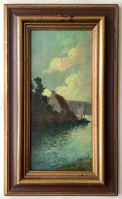#ad 19thC Impressionism Nautical Along the river House oil vintage French painting