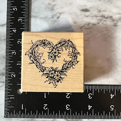 #ad Rubber Stamp PSX Heart Grapevine Ivy Wreath with Flowers F 057 Wood Mounted