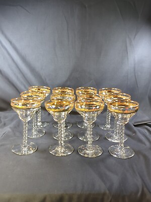 #ad 12 Vintage Libbey Margarita Welled Glasses 22K Gold Accent Queen Anne Beautiful