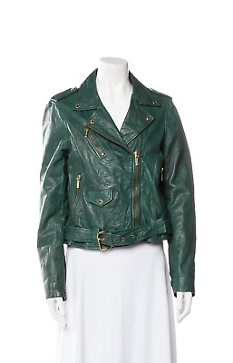 #ad Michael Kors Leather Biker Moto Jacket Womens Size Large L Green Crinkle EUC