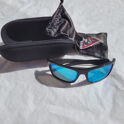 #ad Oakley Full Rim Drop Point Mens Black Wrap Blue Sunglasses with Case