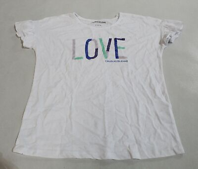 #ad Calvin Klein Jeans Girl#x27;s Ruffle Sleeve LOVE Glitter T Shirt SV3 White Large