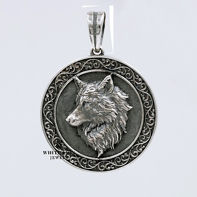#ad Dog Wolf Animal Warlock Men round 925 Sterling Silver Pendant Biker Rider Gift