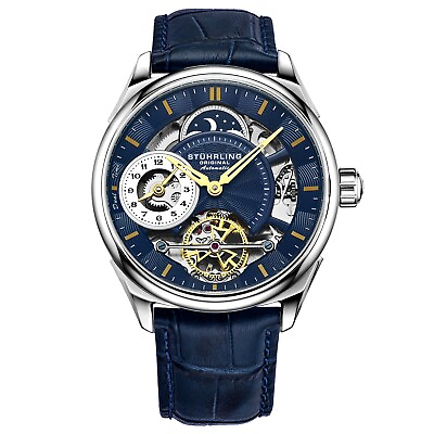 #ad Stuhrling 943A 02 Dual Time AM PM Automatic Skeleton Blue Leather Mens Watch