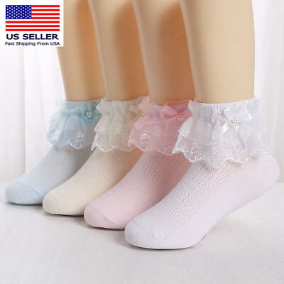 #ad 4 Pairs Baby Girls Lace Ruffle Princess Socks Kids Mesh Thin Dance School Socks