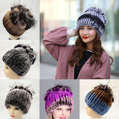 #ad Rex Rabbit Fur Hat Women Winter Warm Knitted Beanie Hat Fluffy Outdoor Ski Cap