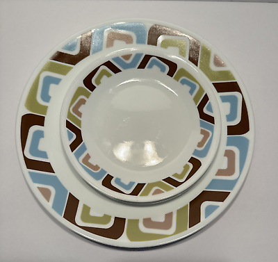 #ad 8 Corelle SQUARED Dinner amp; Bread Butter Plates Blue Brown Green Squares Corning