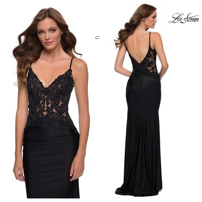 #ad La Femme Black Lace Rhinestone Jersey Mermaid Gown Sz 4 $478