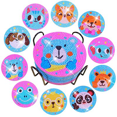 #ad 10PCS Cute Animals Diamond Painting Coasters with Holder Animals Diamond Pai...