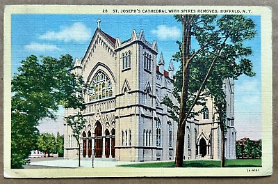 #ad ST. JOSEPH#x27;S CATHEDRAL WITH SPIRES REMOVED BUFFALO Vintage Postcard 1941