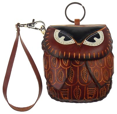 #ad Brown Owl Leather Coin Change Purse Wallet Wristlet Bag Keychain Zipper Handmade