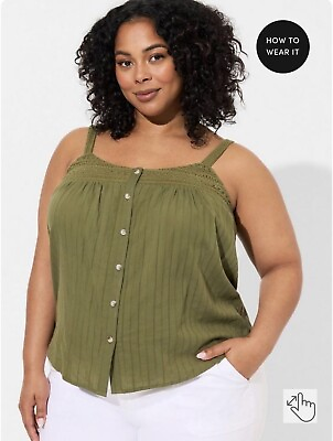 #ad Torrid Camisole Womens 2X Olive Green Cotton Button Up Crochet Tank Ladies