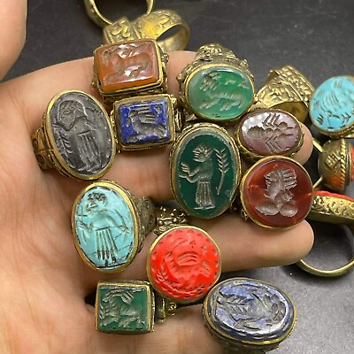 #ad 30 rings Ancient Post Medieval gold gilded brass with natural stones Seal Rings