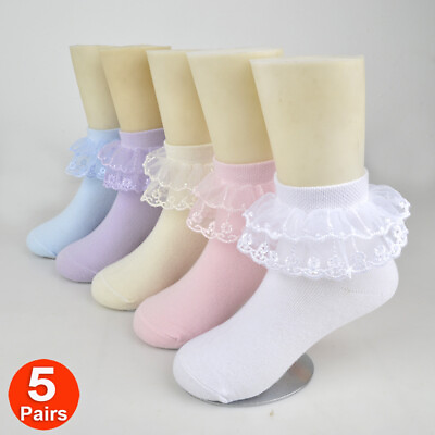 #ad 5 Pair Girls Lace Frilly Cotton Ankle Socks Kids School Party Dance Wedding Sock