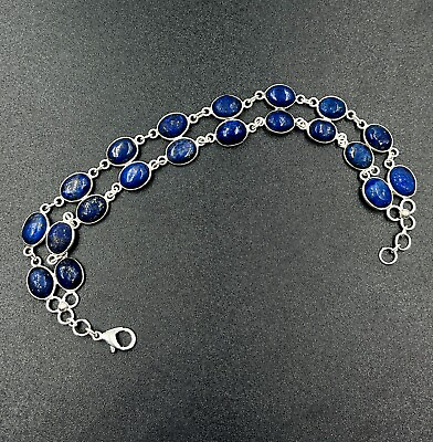 #ad 925 Sterling Silver Natural Lapis Lazuli Gemstone Jewelry Chain Bracelet