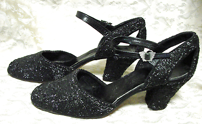 #ad Vintage 30s Shoes Heels Strap Black Beads BUTTERFLY BUCKLE 7 Varias VGC