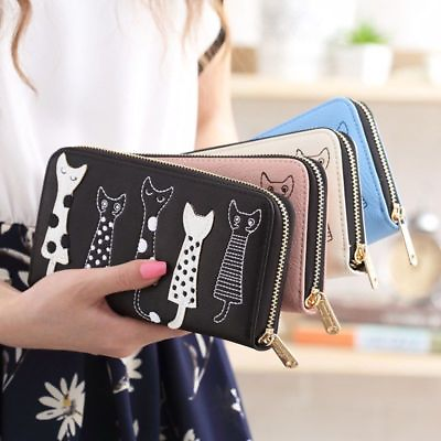 #ad US Women Cartoon Cat Leather Zipper Clutch Wallet Long Card Holder Purse Handbag