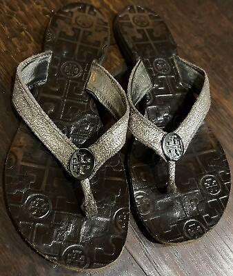 #ad Tory Burch Size 7M Women’s Metallic Silver Rose Leather Thong Brown Flip Flop $12.79