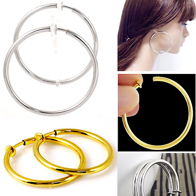 #ad #E121F Pair CLIP ON Thick Tube Hoop EARRINGS look like pierced Spring Big Small