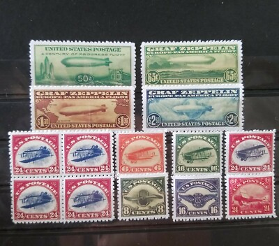 #ad US Stamps Airmail Stamp Replica Set First 6 Air Mail Inverted Jenny Zeppelin C15