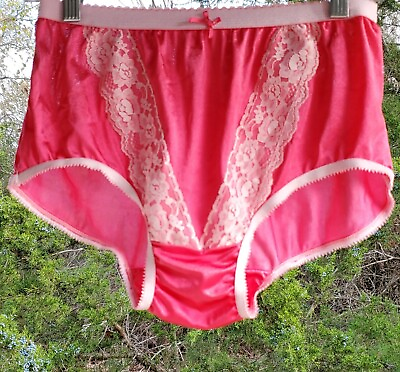 #ad Double Nylon LACE Silky Sissy Panty Slippery 7 L PINK Peony Wide Gusset Hot