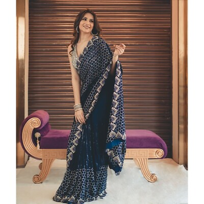 #ad Indian Designer Navy Blue Georgette Sequin Work Bollywood Party Wear Saree Sari