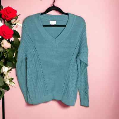 #ad Caslon Womens Size Small Sweater Oversized Cable Knit VNeck Pullover Blue Green