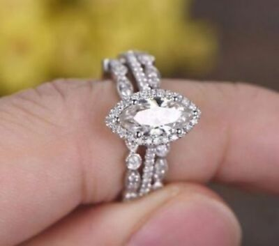 #ad 14K White Gold 2.50Ct Marquise Cut White Diamond Simulated Wedding Trio Ring Set $246.49