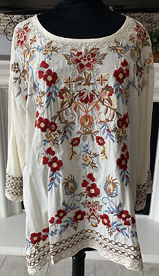 #ad NEW Paparazzi Johnny Style Ivory Floral Embroidrd Flowy Oversize Blouse Tunic S