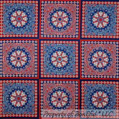 #ad BonEful Fabric Cotton Quilt Block Red White Blue Bandanna Square Paisley Flower