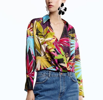 #ad Zara Women Long Sleeves Tropical Printed Cropped Blouse Multicolor Size M NWT