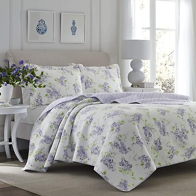 #ad Lilac Purple White Floral 3pc Cotton Quilt Set Twin Full Queen King Bed Coverlet