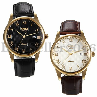 #ad Business Calendar Roman Numerals Dial Quartz Analog Wrist Watches Leather Band