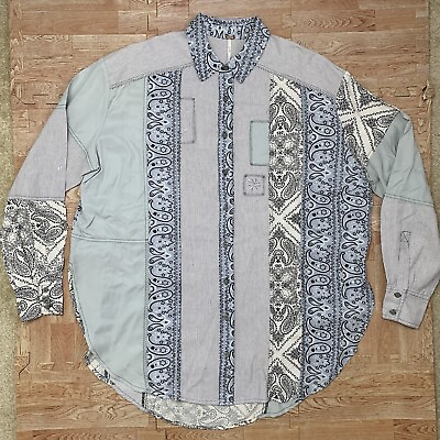 #ad Free People All Patched Up Blue Bandanna Button Down Shirt Women#x27;s Size Large