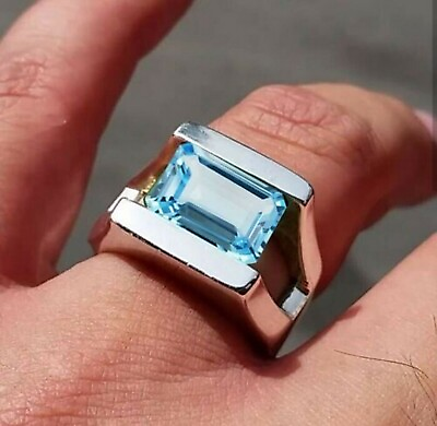 #ad Genuine 925 Sterling Silver Handmade 5.25 Ct Blue Topaz Gemstone Men#x27;s Ring