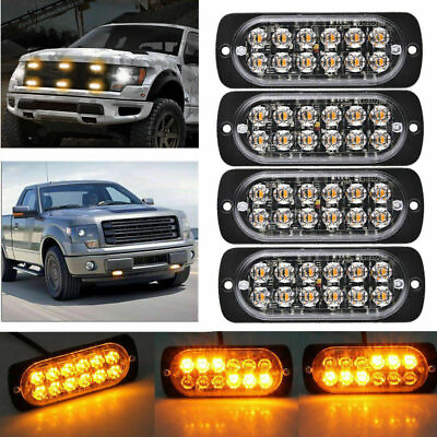 #ad 4P 12 LED Amber Truck Car Emergency Beacon Warning Hazard Flash Strobe Light Bar $14.48