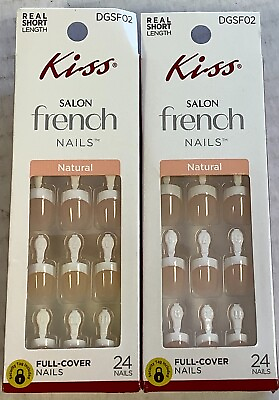 #ad Kiss Real Short Full Cover Salon French Nails Natural 24 Count Lot of 2