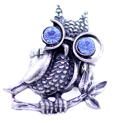 #ad Vintage style antique silver colour owl with crystal glasses stretch charm ring