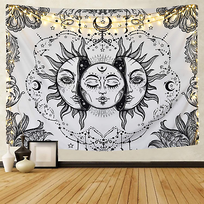 #ad Sun and Moon Tapestry Black and White Tapestry Psychedelic Fractal Faces Tapestr