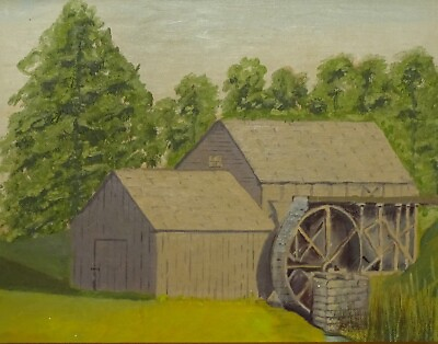 #ad Naive Gray Barn Landscape Oil Painting Board Rustic Frame Water Wheel 14.5x11.5