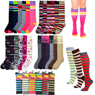 #ad 6 Pair Womens Girls Knee High Socks Lot Multi Pattern School Soccer Stripes 9 11