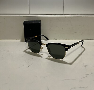 #ad Ray Ban Clubmaster Folding Sunglasses RB2176 901 51 Black Gold Frame *READ*