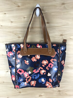 #ad Fossil Tote Blue Floral Coated Canvas Zipper Double Leather Handles