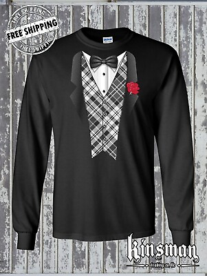 #ad Plaid Tuxedo Novelty Long Sleeve T Shirt Funny Tux Wedding Graduation Bachelor