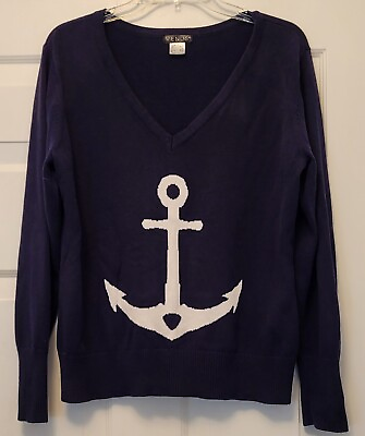 #ad Womens Sweater Size Large V Neck Navy Blue With White Anchor Venus